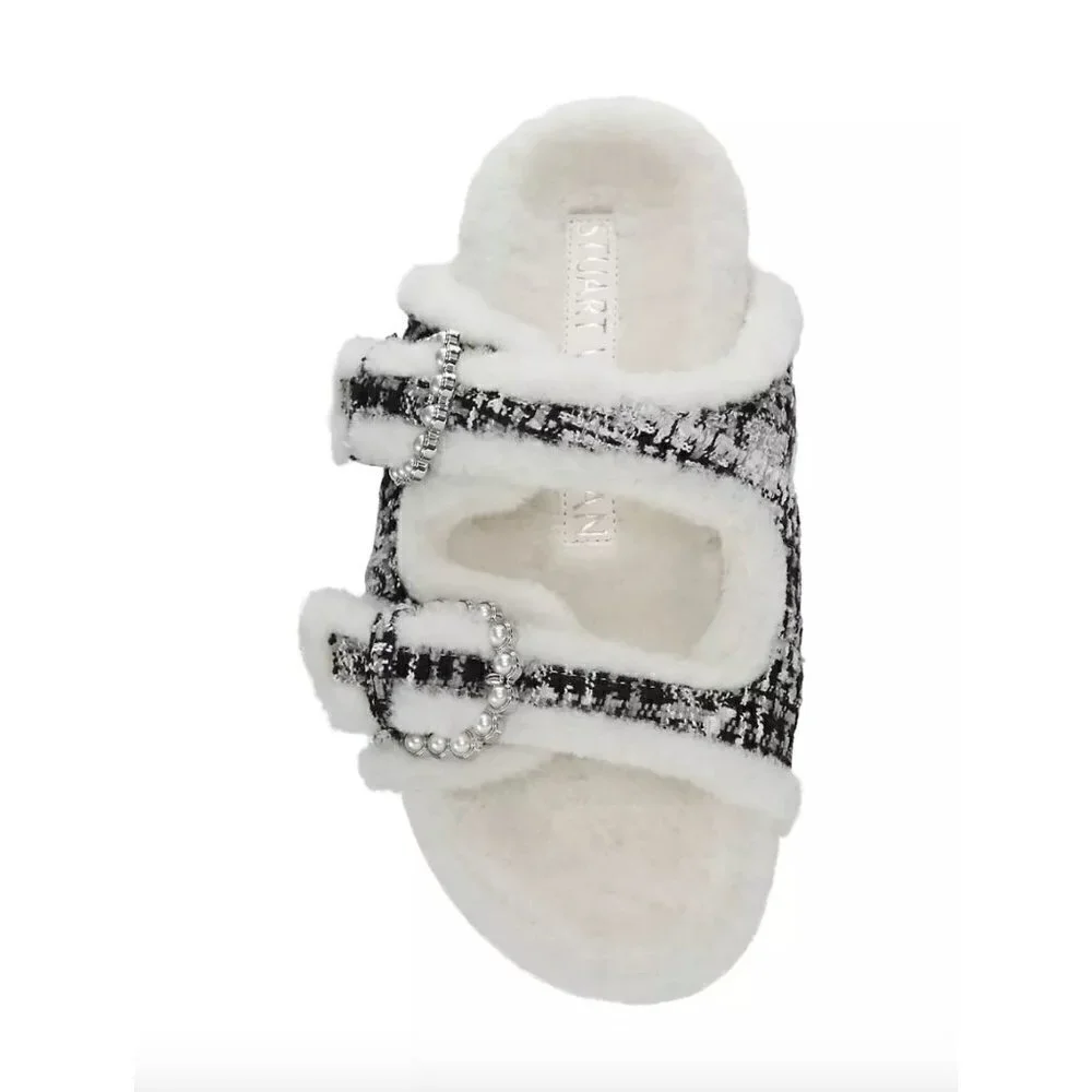 Stuart Weitzman Piper Chill Shearling Lined Tweed Pearl Slides White Black 8